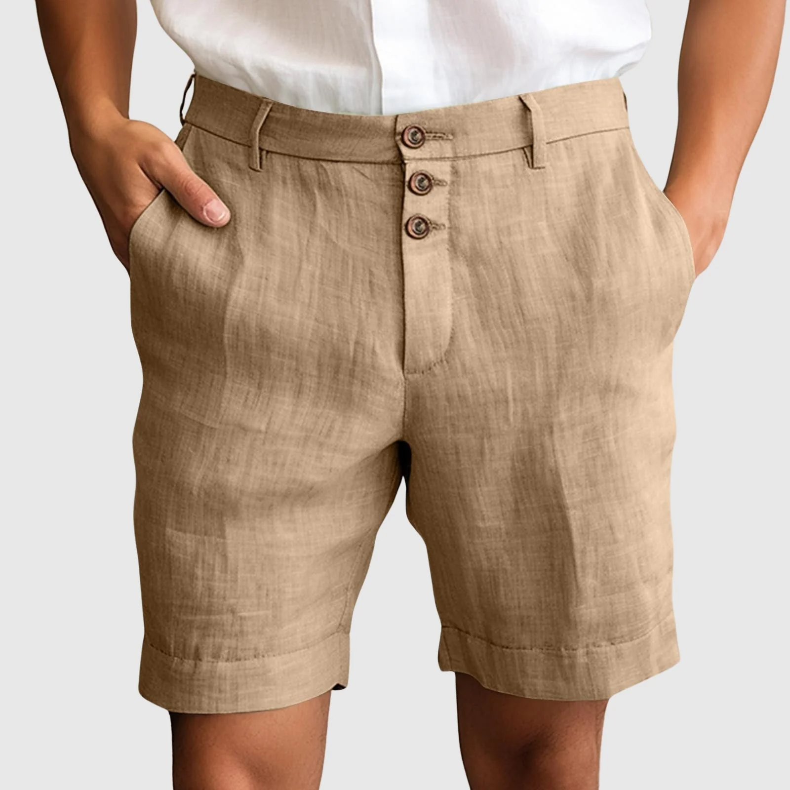William | Men’s Casual Tailored Linen Shorts with Button Fly - Image 3